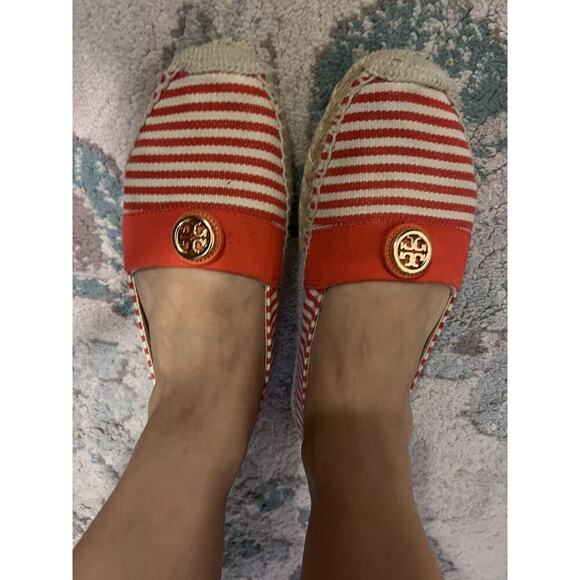 Tory Burch Flat Shoes Women 9 Striped Canvas Orange Espadrille Beacher - Picture 2 of 8